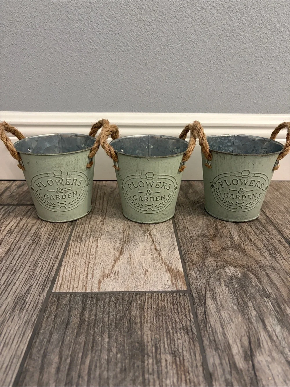 Set of 3 Light Green 'Flowers & Garden' Metal Buckets with Rope Handles